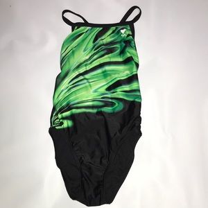 TYR racer back black green one piece swimsuit sz 32